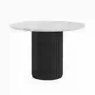 110cm Round Black Mango Wood Table with Marble Top and Ribbed Leg